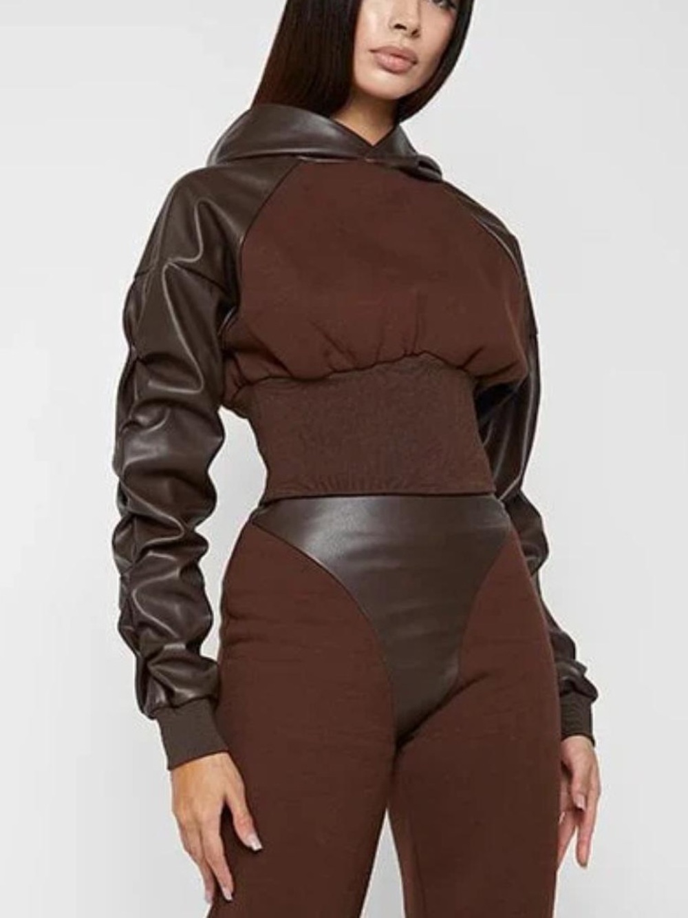 Manière De Voir Brown Vegan Leather Tacked Sleeve Cropped Hoodie
